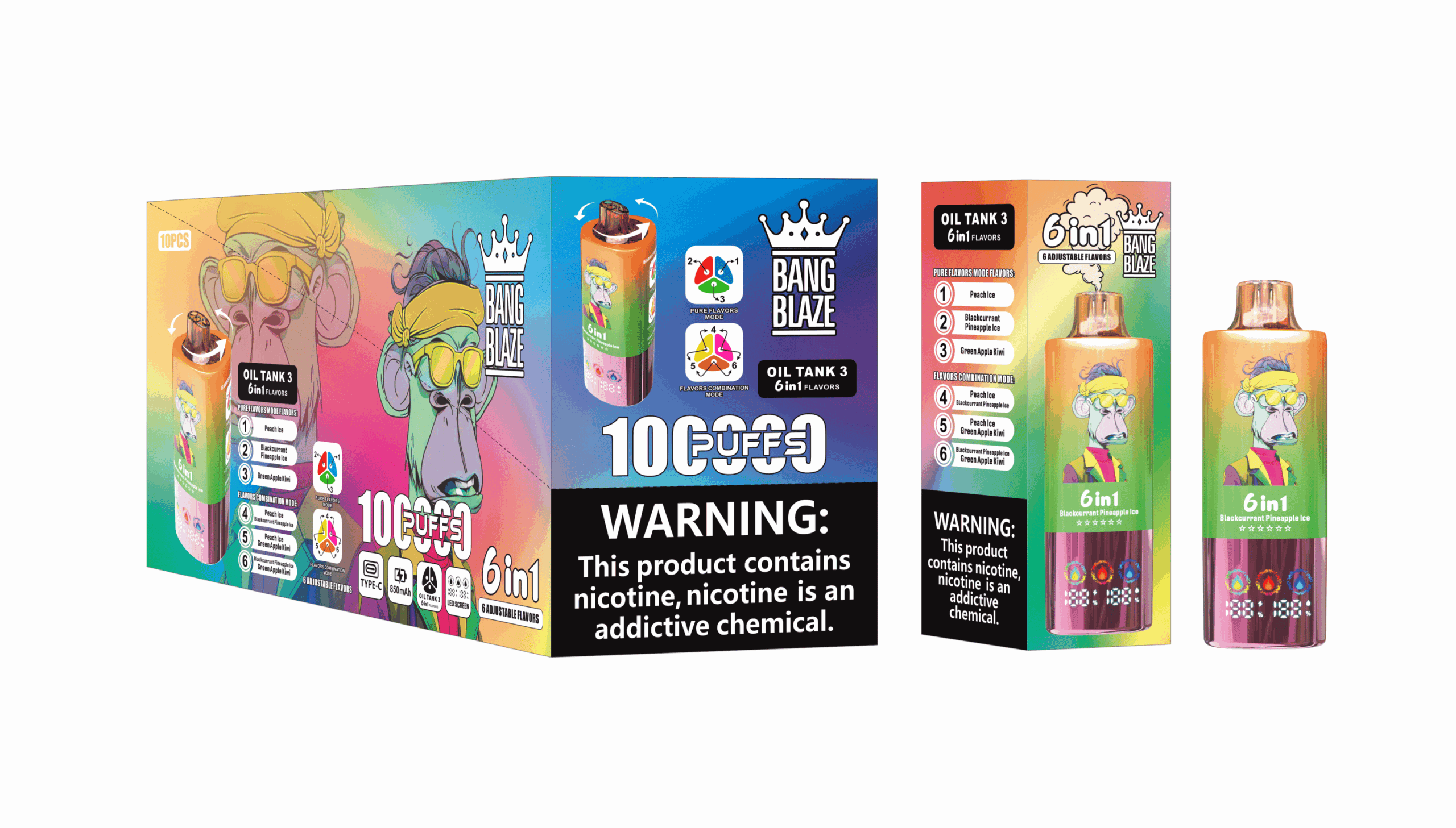 Bang Blaze 100K Peach Ice & Blackcurrant Pineapple Ice & Green Apple Kiwi