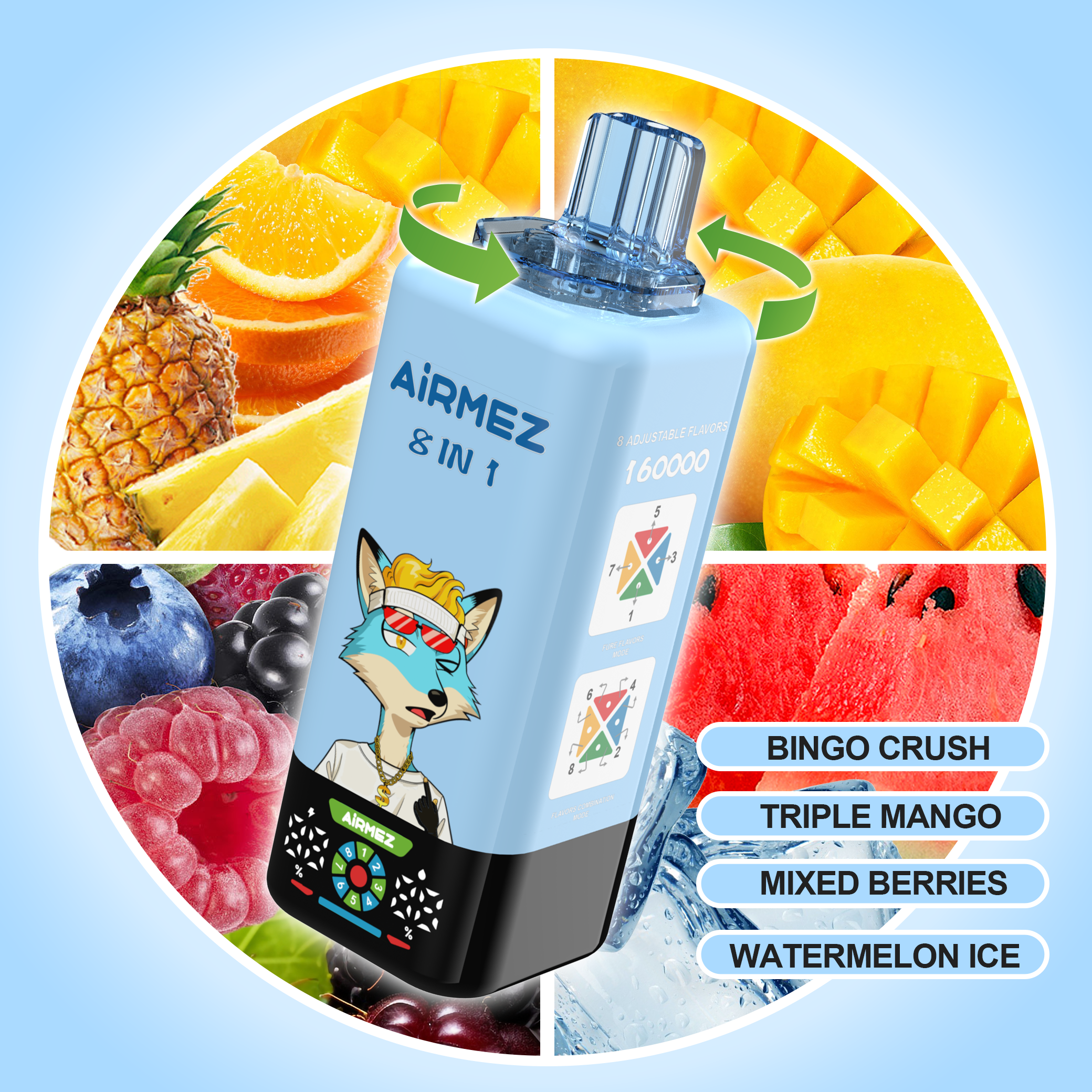 Airmez FOX 8 in 1 160K Bingo Crush & Triple Mango & Mixed Berries & Watermelon Ice