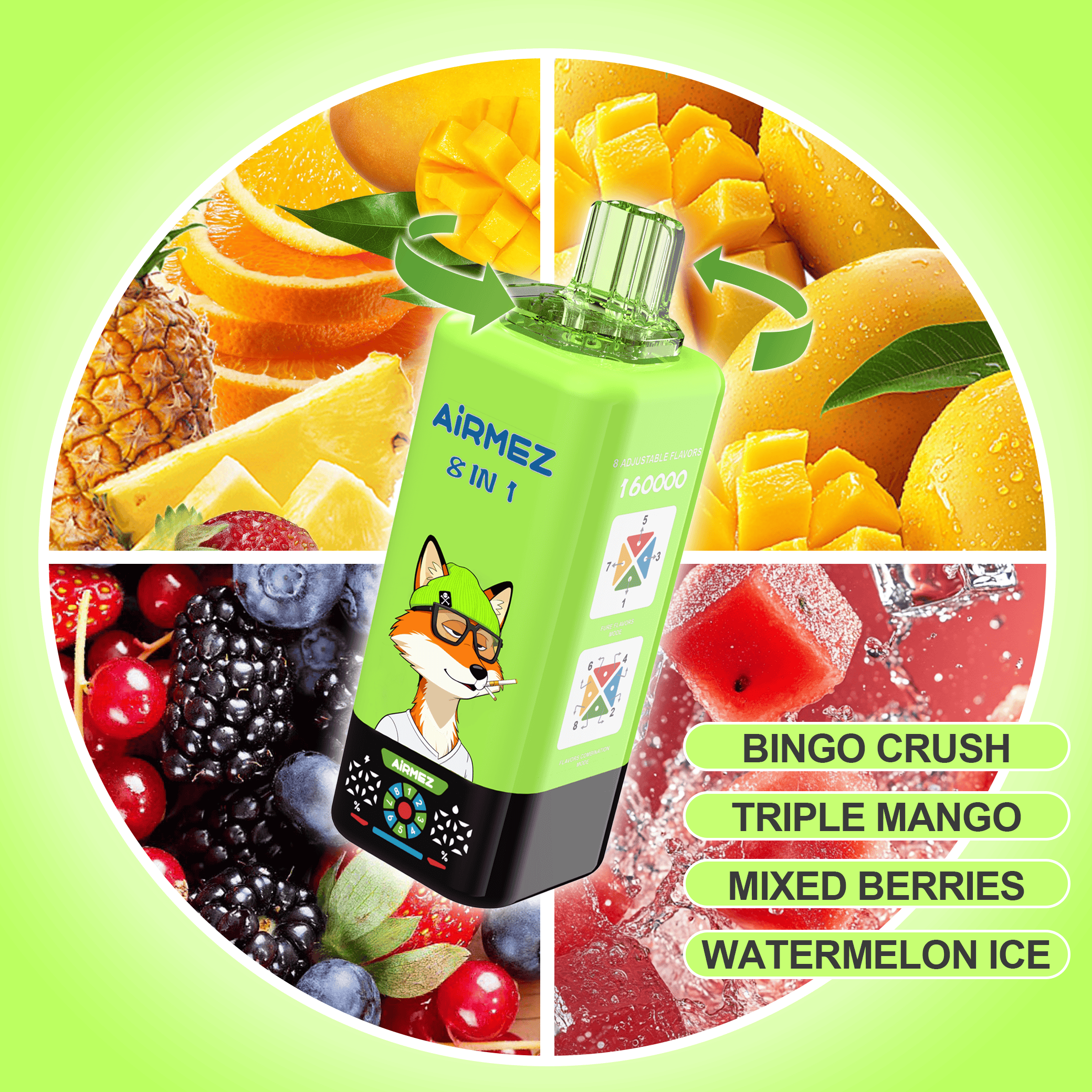 Airmez FOX 8 in 1 160K Mango Ice & Fizzy Cherry Cola & Strawberry Raspberry & Mixed Berries