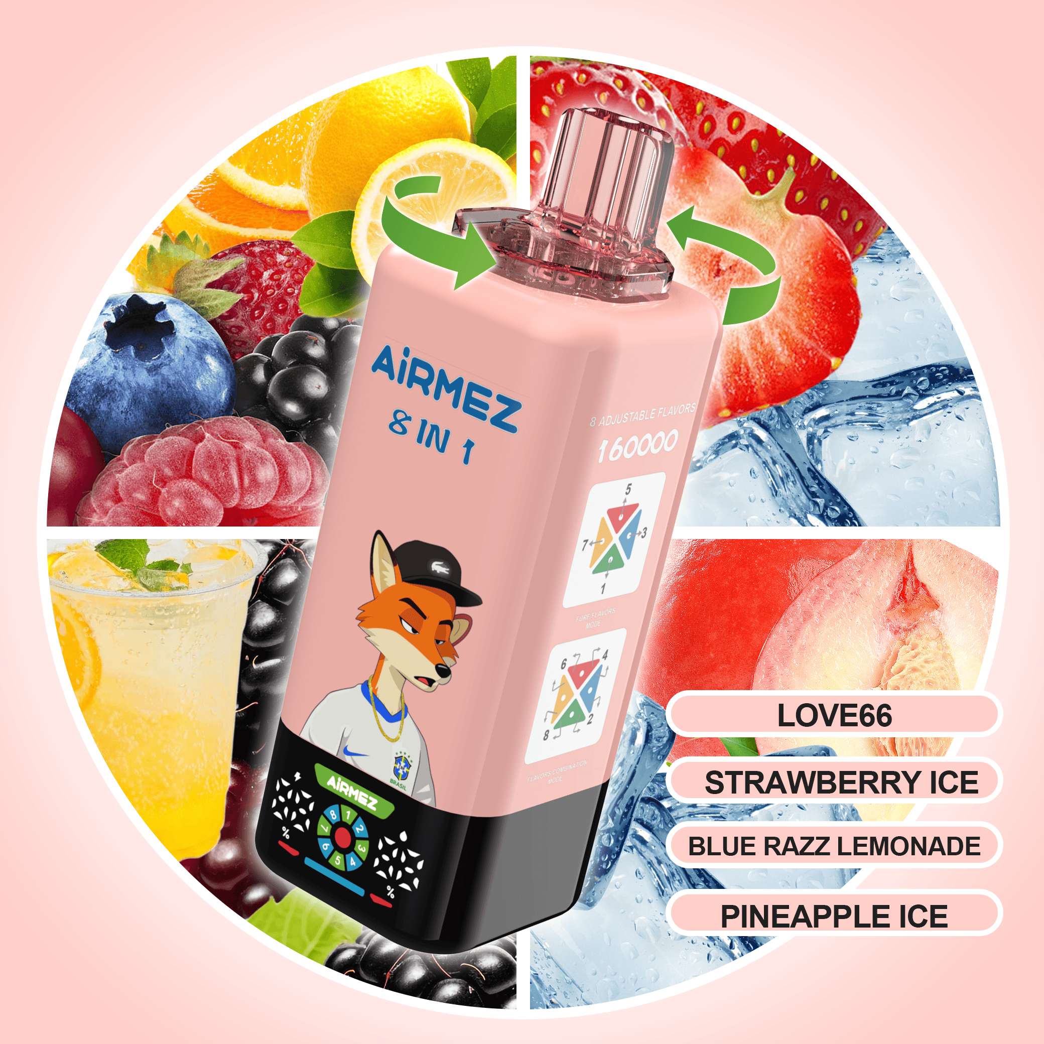 Airmez FOX 8 in 1 160K Love66 & Strawberry Ice & Blue Razz Lemonade & Pineapple Ice