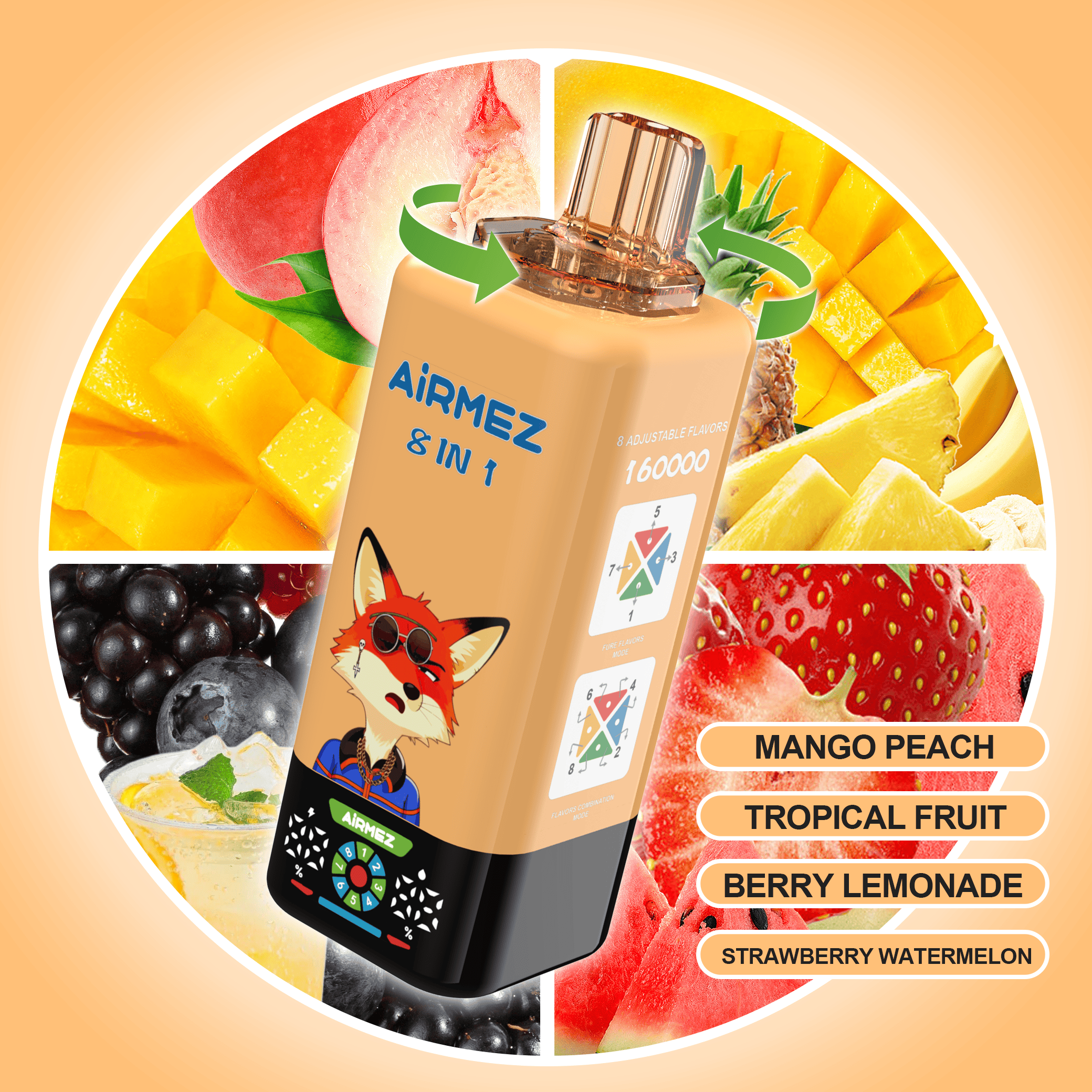 Airmez FOX 8 in 1 160K Mango Peach & Tropical Fruit & Berry Lemonade & Strawberry Watermelon