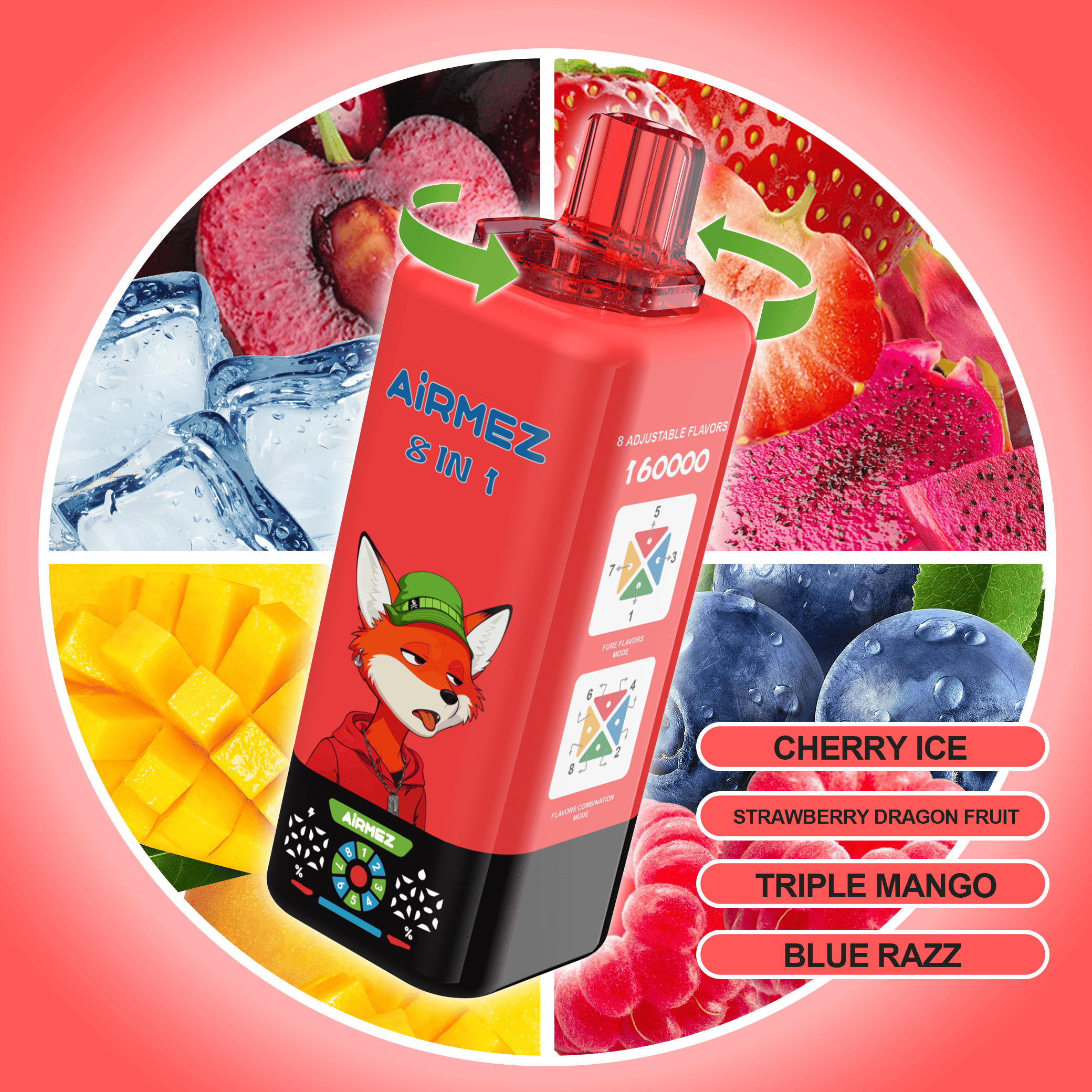 Airmez FOX 8 in 1 160K Cherry Ice & Strawberry Dragon Fruit & Triple Mango & Blue Razz