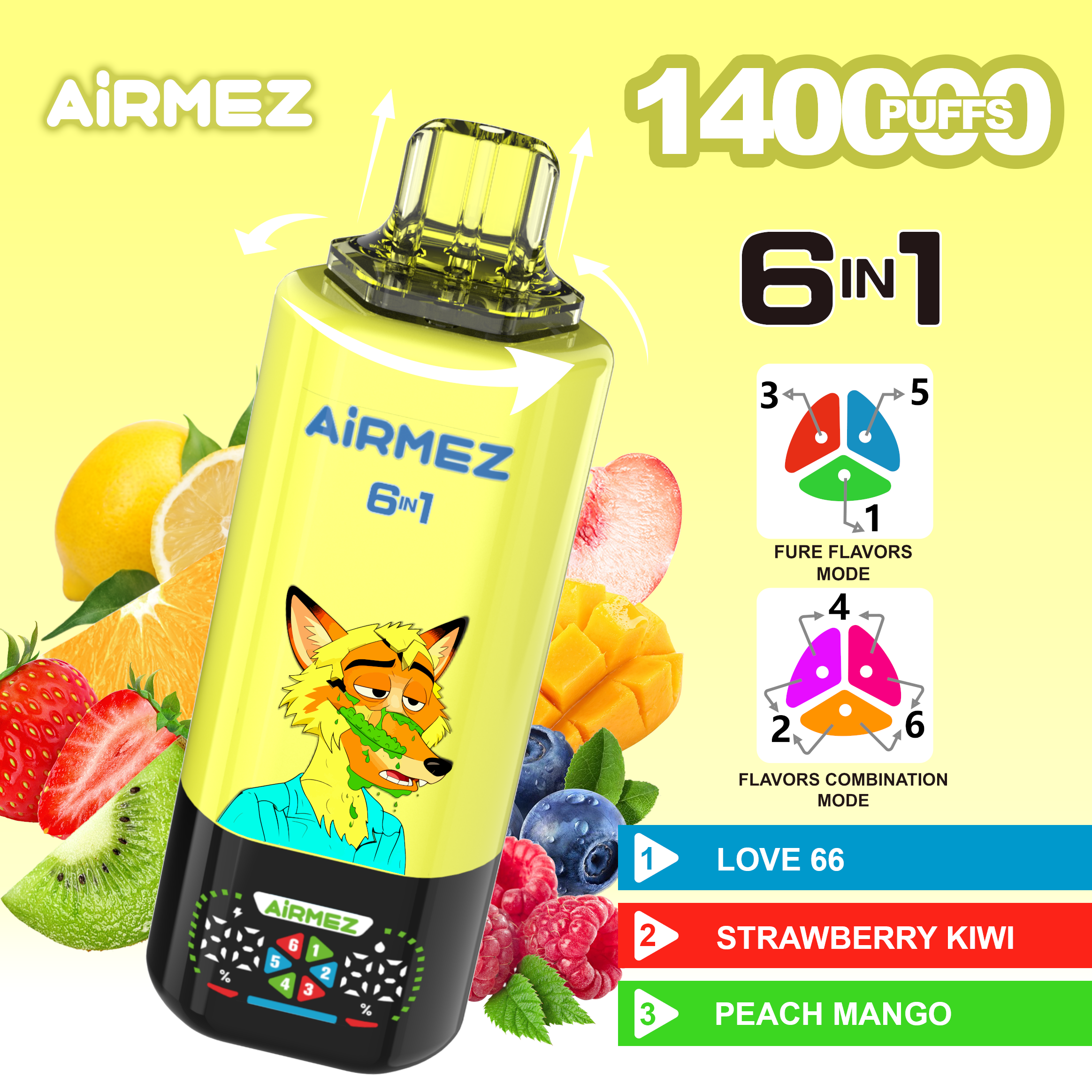 Airmez FOX 6 in 1 140K Love 66 & Strawberry Kiwi & Peach Mango
