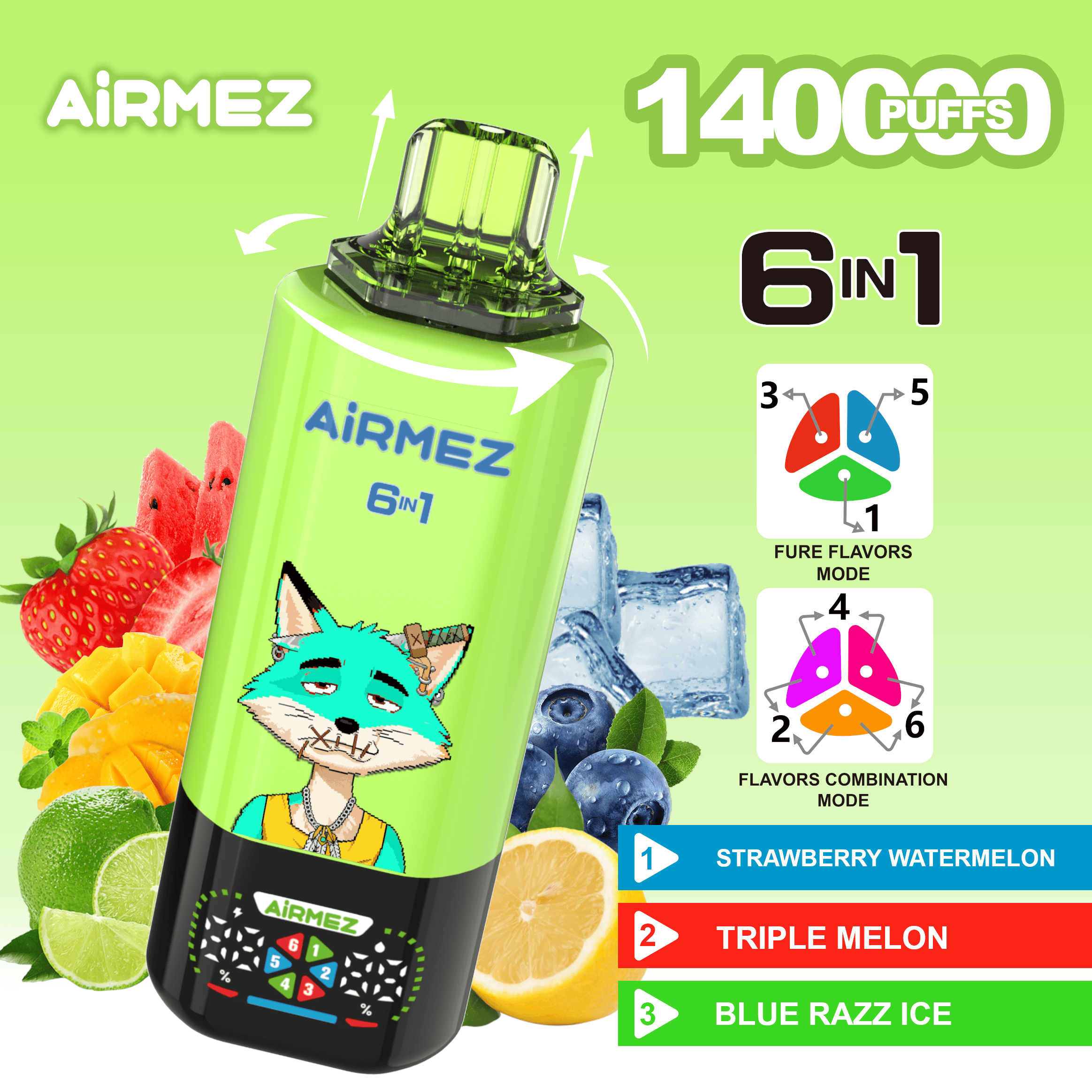 Airmez FOX 6 in 1 140K Strawberry Watermelon & Triple Melon & Blue Razz Ice