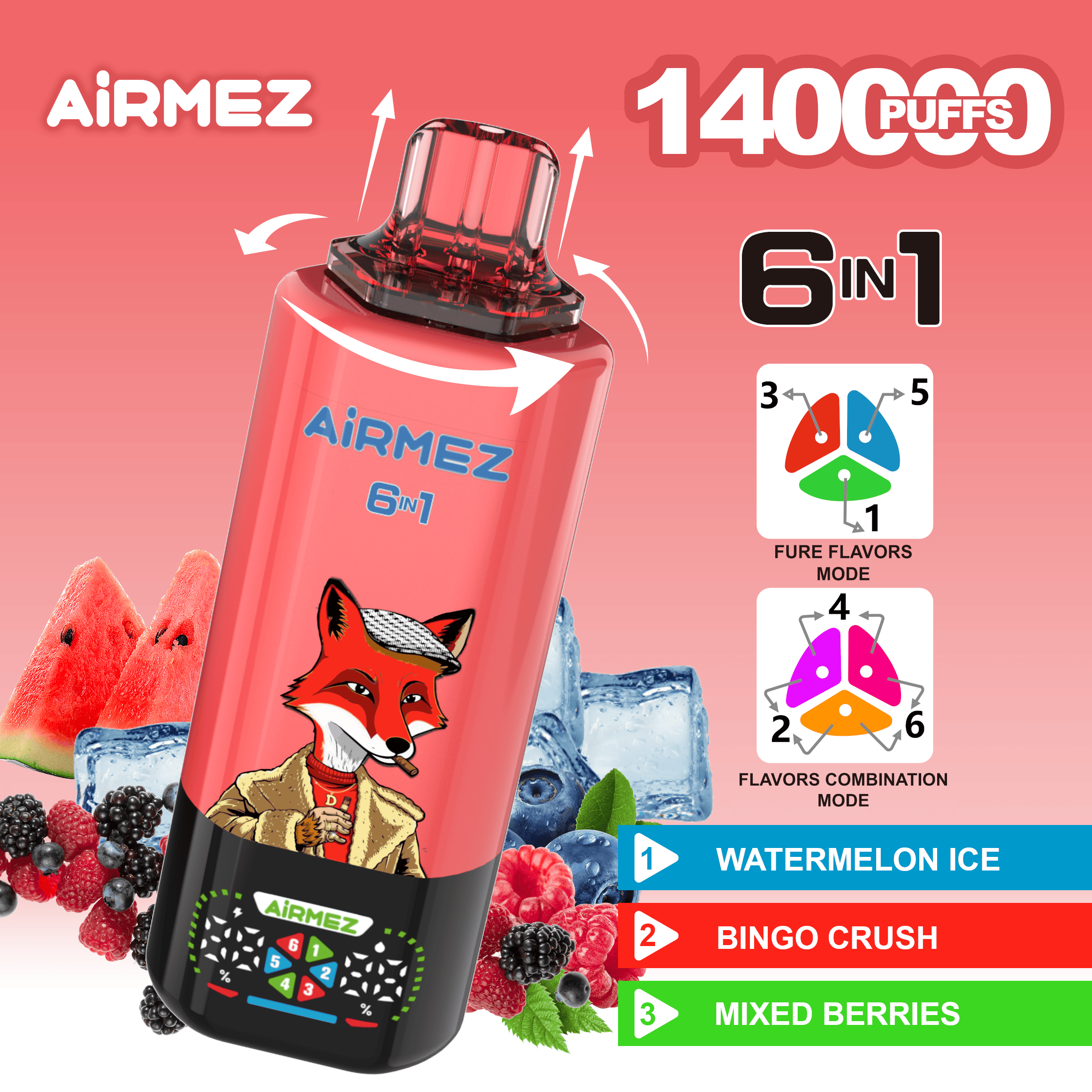 Airmez FOX 6 in 1 140K Watermelon Ice & Bingo Crush & Mixed Berries