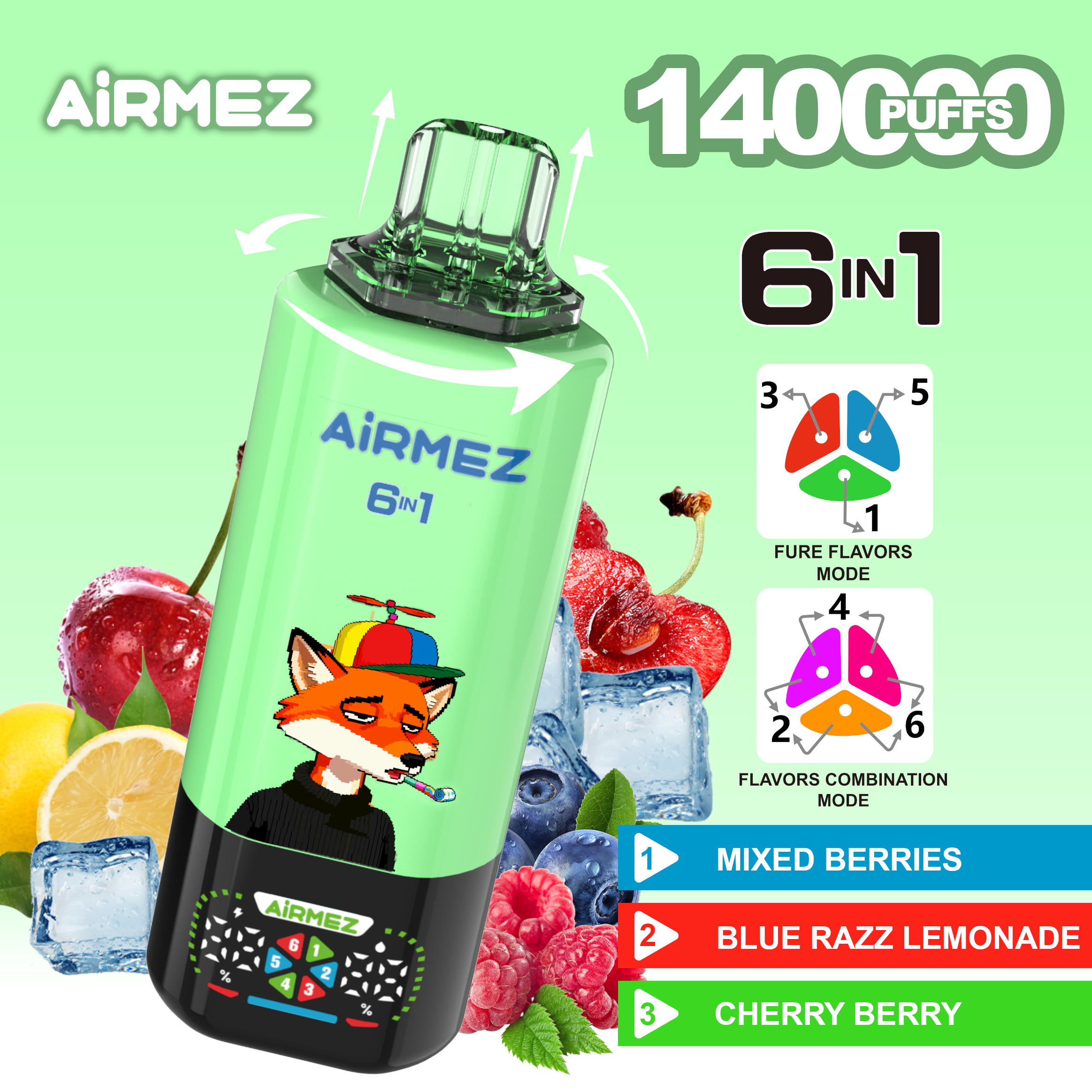 Airmez FOX 6 in 1 140K Mixed Berries & Blue Razz Lemonade & Cherry Berry
