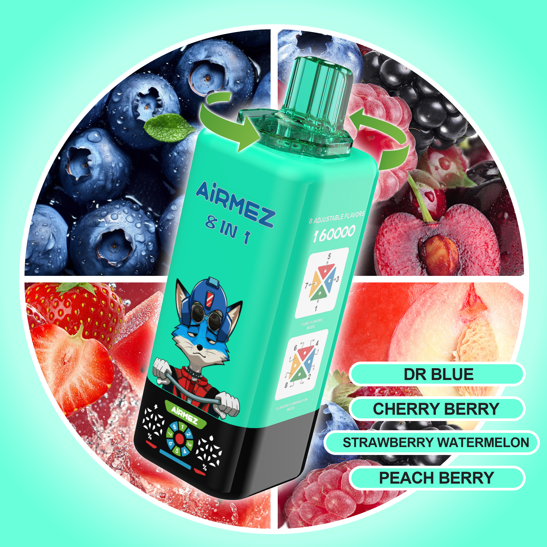 Airmez FOX 8 in 1 160K Dr Blue & Cherry Berry & Strawberry Watermelon & Peach Berry