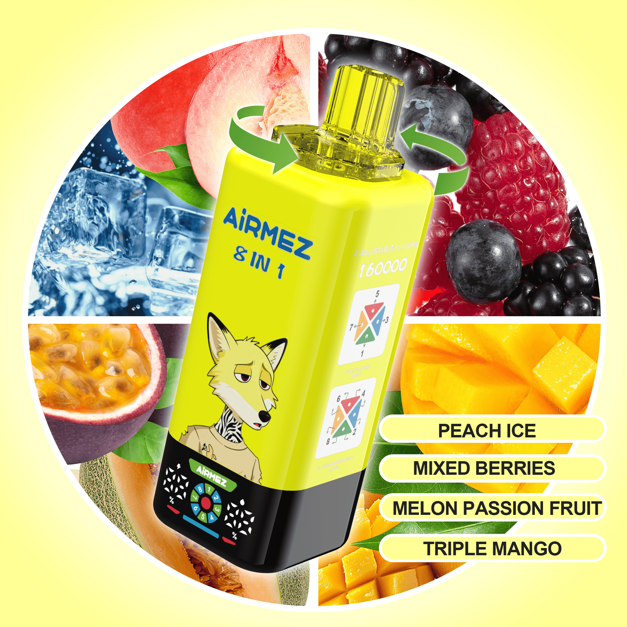 Airmez FOX 8 in 1 160K Peach Ice & Mixed Berries & Melon Passion Fruit & Triple Mango