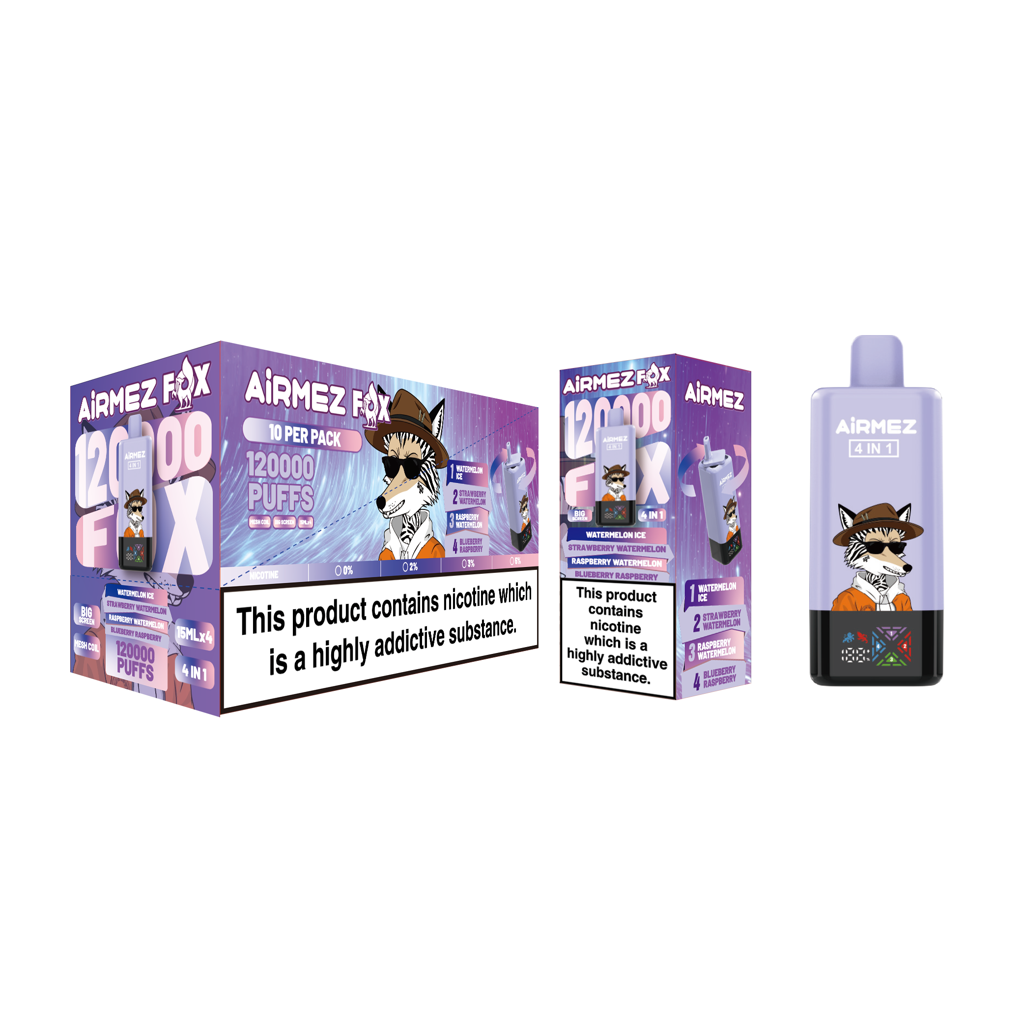 Airmez FOX 4 in 1 120K Watermelon Ice & Strawberry Watermelon & Raspberry Watermelon & Blueberry Raspberry – Bild 2