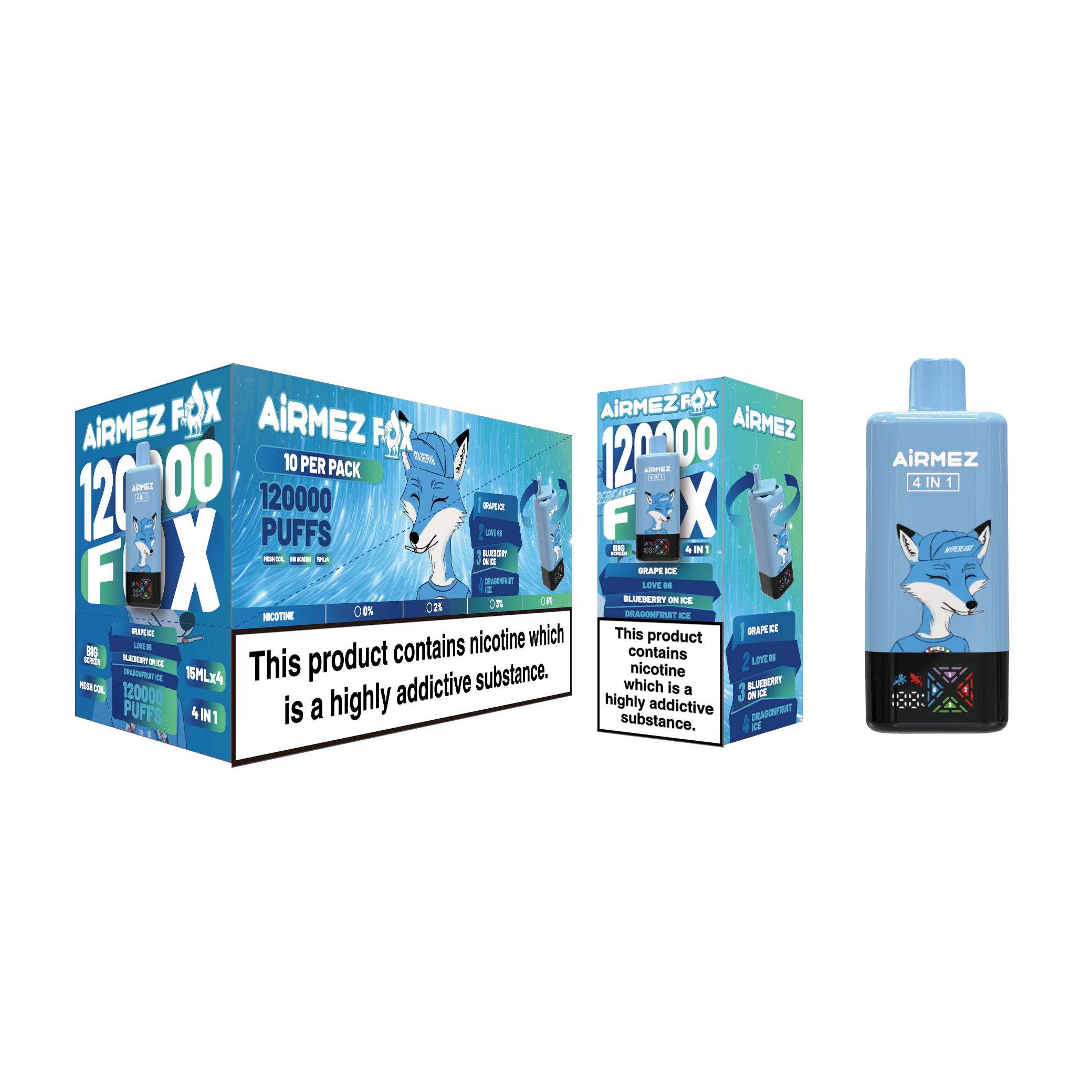 Airmez FOX 4 in 1 120K Grape Ice & Love 66 & Blueberry On Ice & Dragonfruit Ice – Bild 2