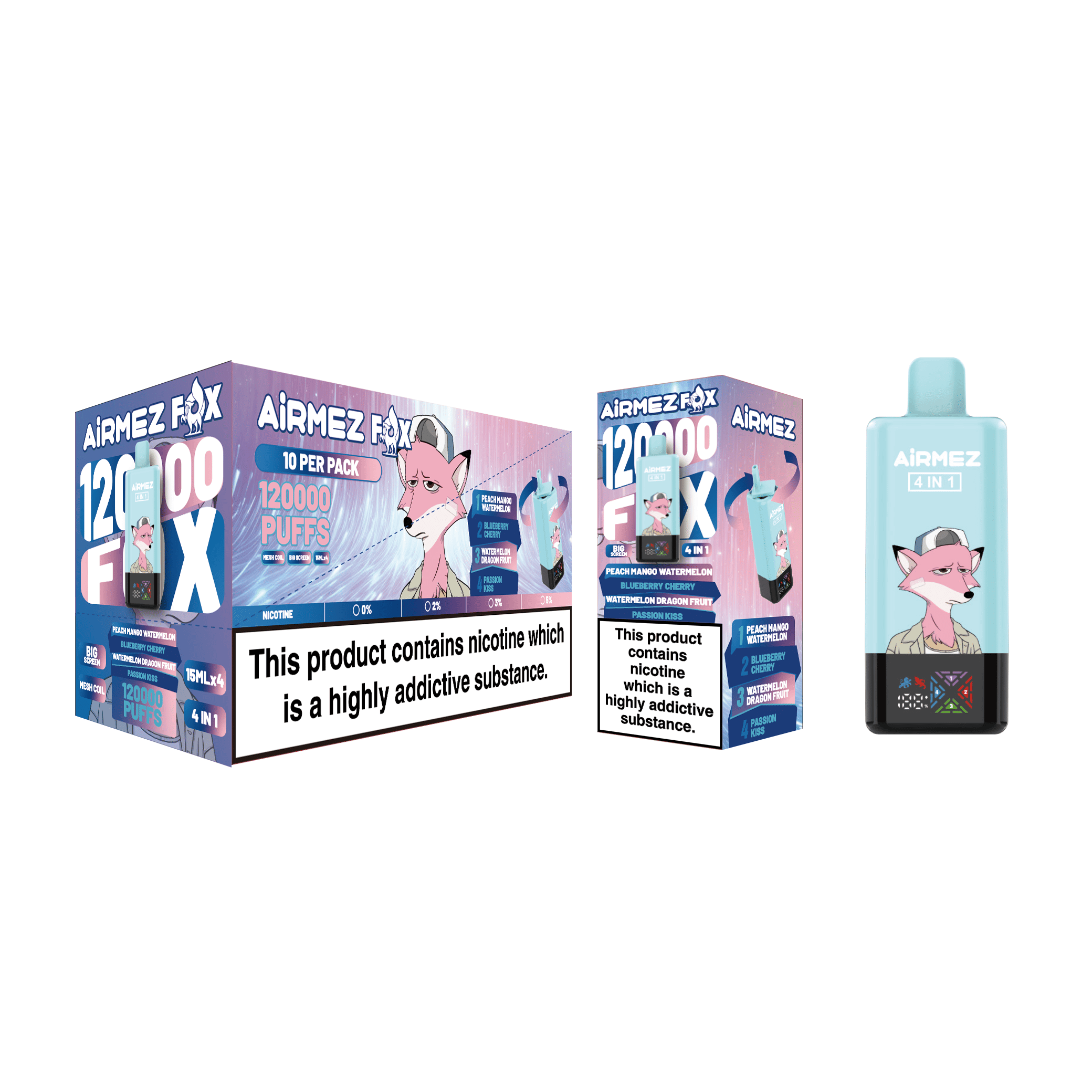 Airmez FOX 4 in 1 120K Peach Mango Watermelon & Blueberry Cherry & Watermelon Dragon Fruit & Passion Kiss – Bild 2