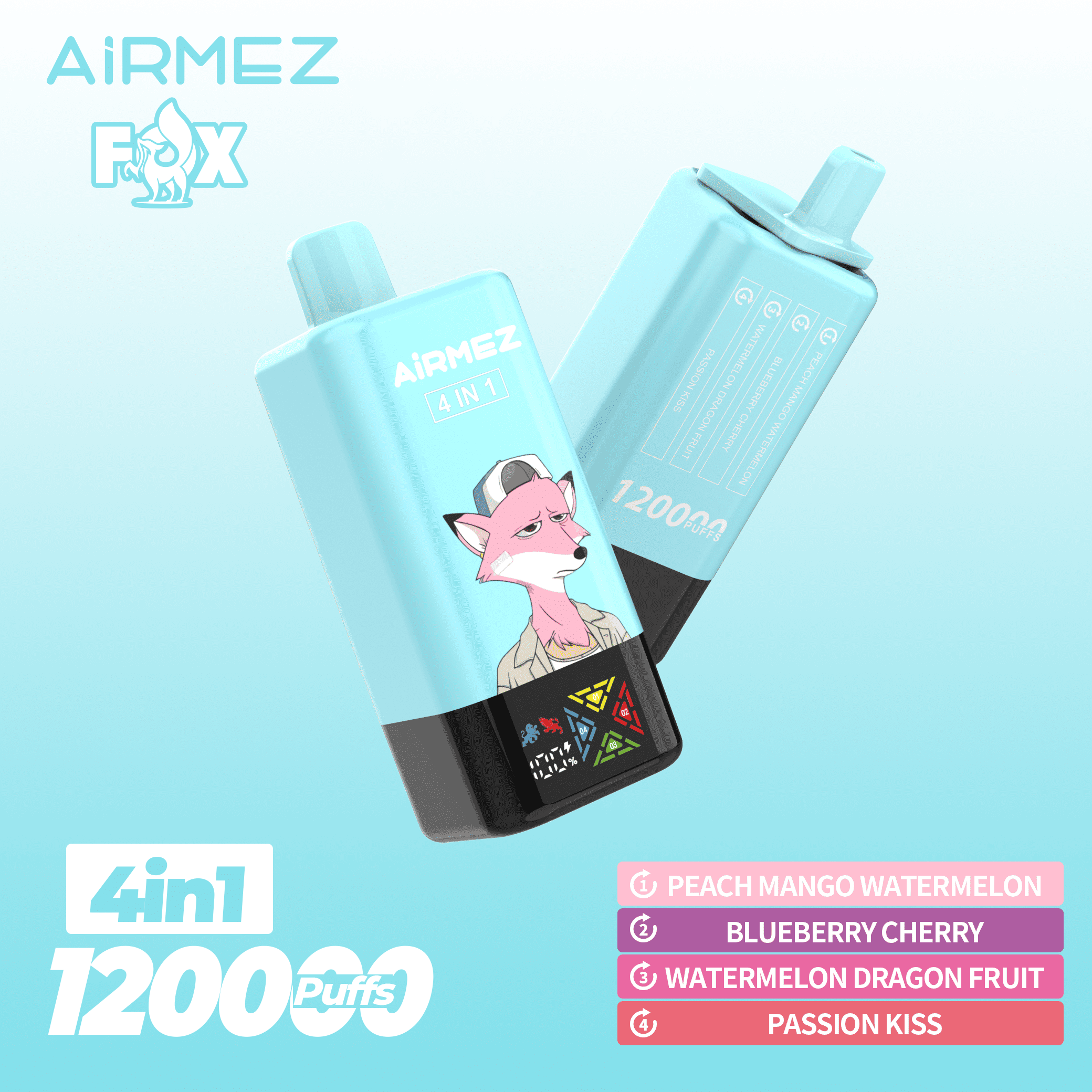 Airmez FOX 4 in 1 120K Peach Mango Watermelon & Blueberry Cherry & Watermelon Dragon Fruit & Passion Kiss