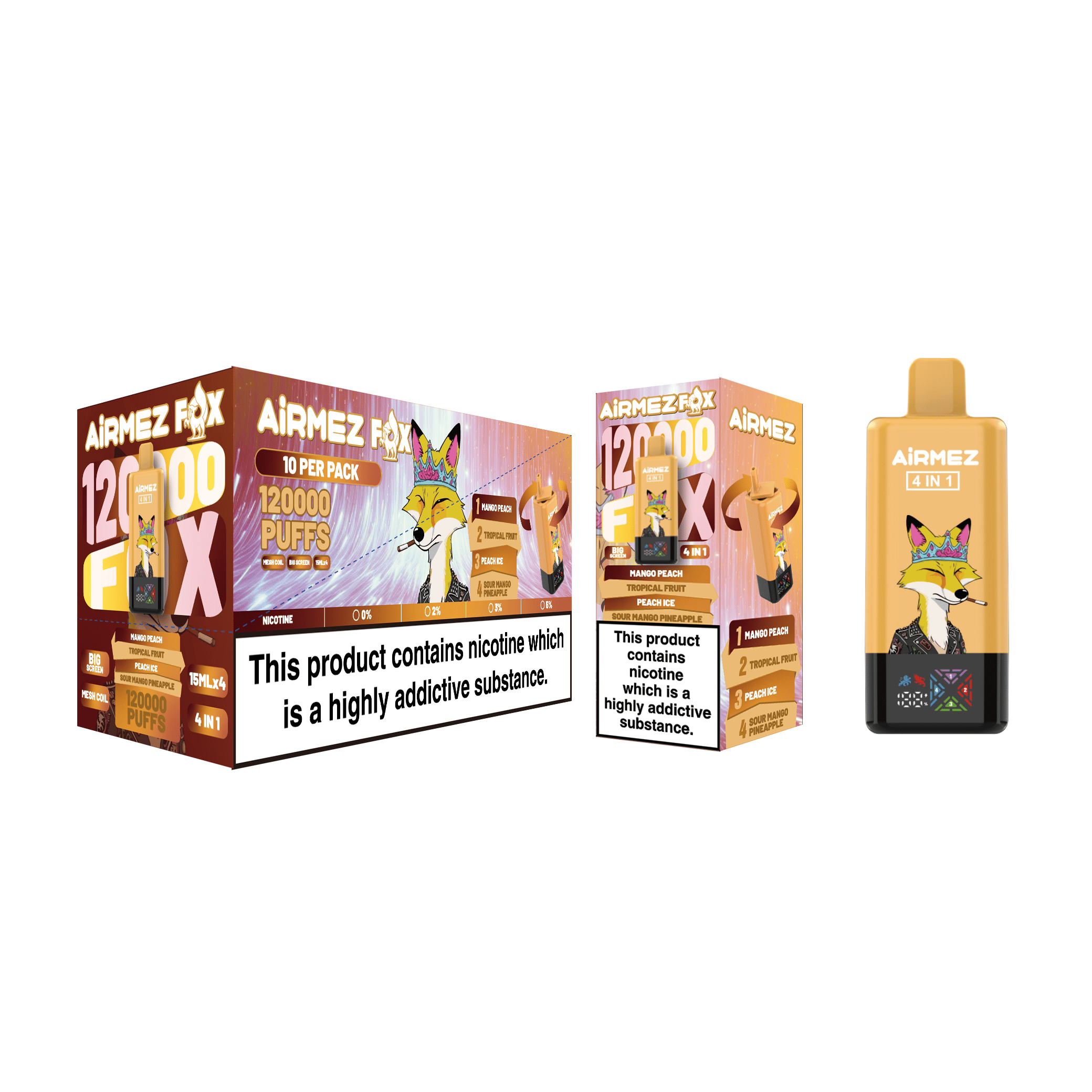 Airmez FOX 4 in 1 120K Mango Peach & Tropical Fruit & Peach Ice & Sour Mango Pineapple – Bild 2