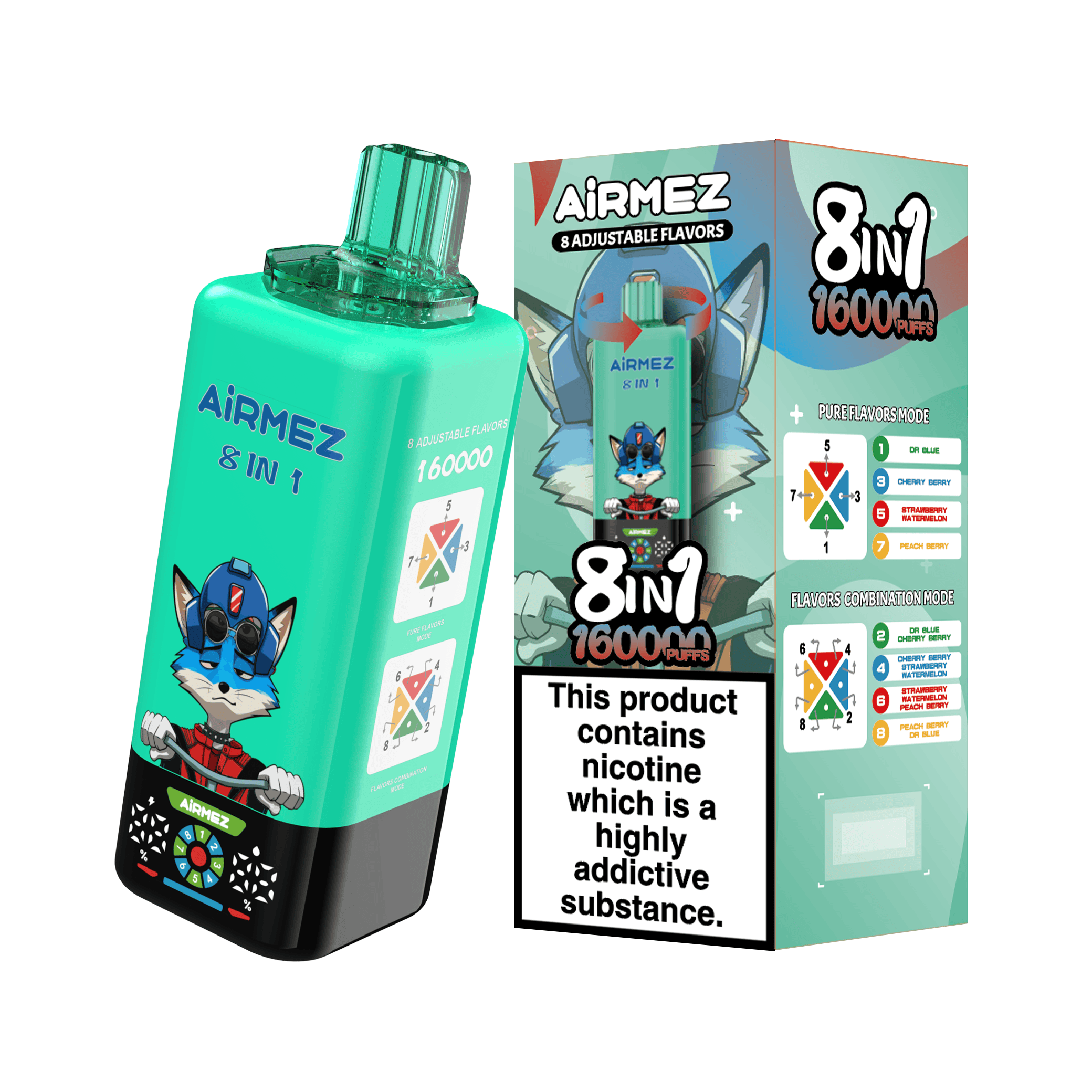 Airmez FOX 8 in 1 160K Dr Blue & Cherry Berry & Strawberry Watermelon & Peach Berry – Bild 2