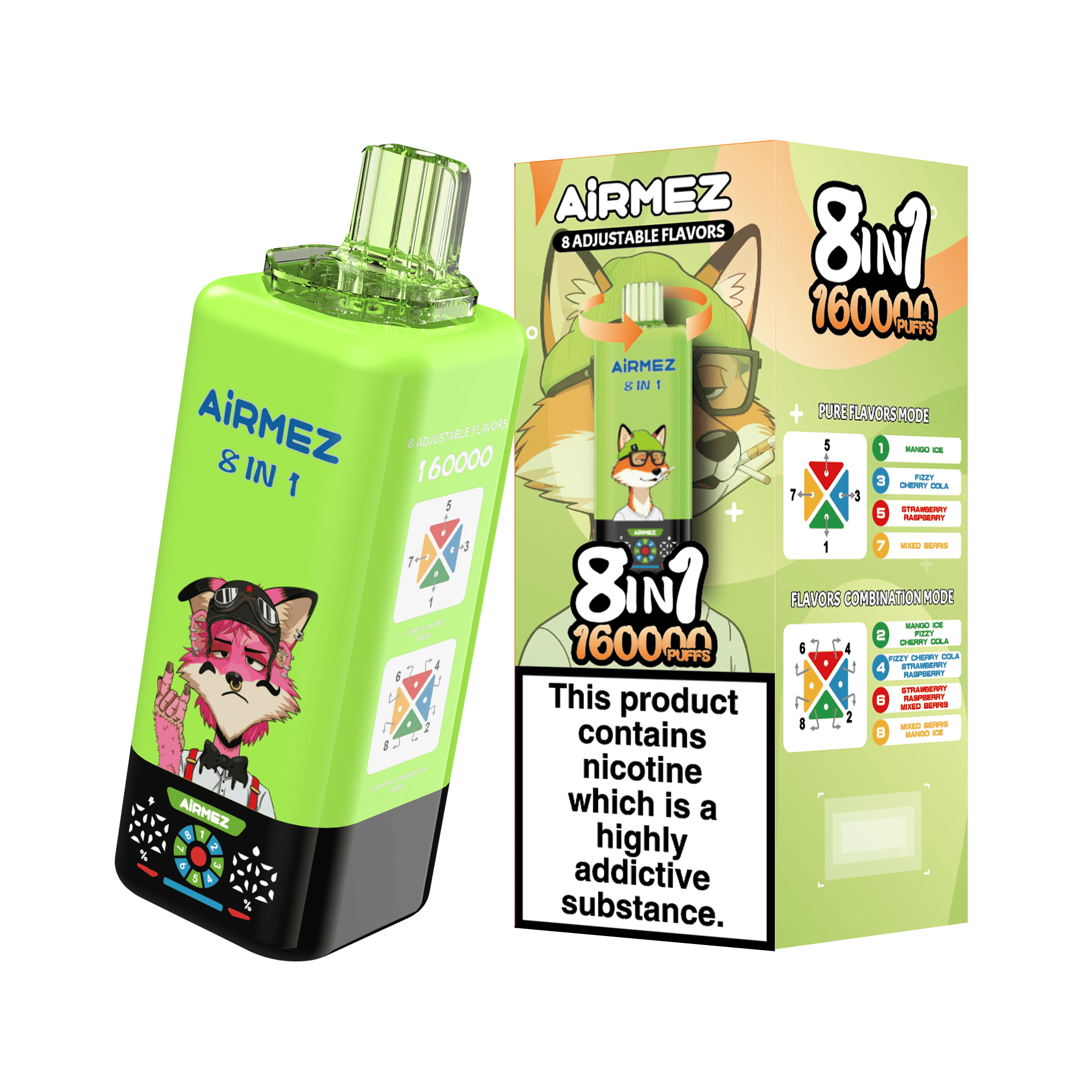 Airmez FOX 8 in 1 160K Mango Ice & Fizzy Cherry Cola & Strawberry Raspberry & Mixed Berries – Bild 2
