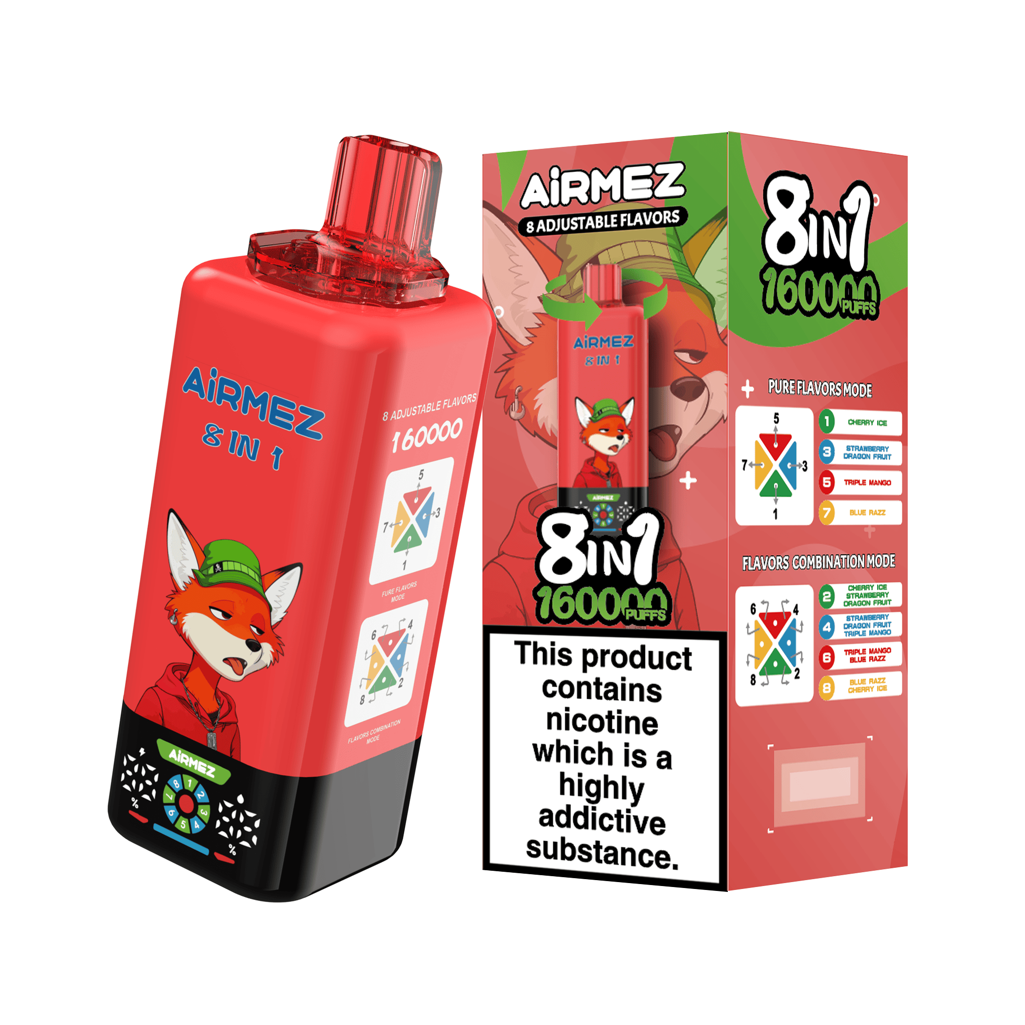Airmez FOX 8 in 1 160K Cherry Ice & Strawberry Dragon Fruit & Triple Mango & Blue Razz – Bild 2
