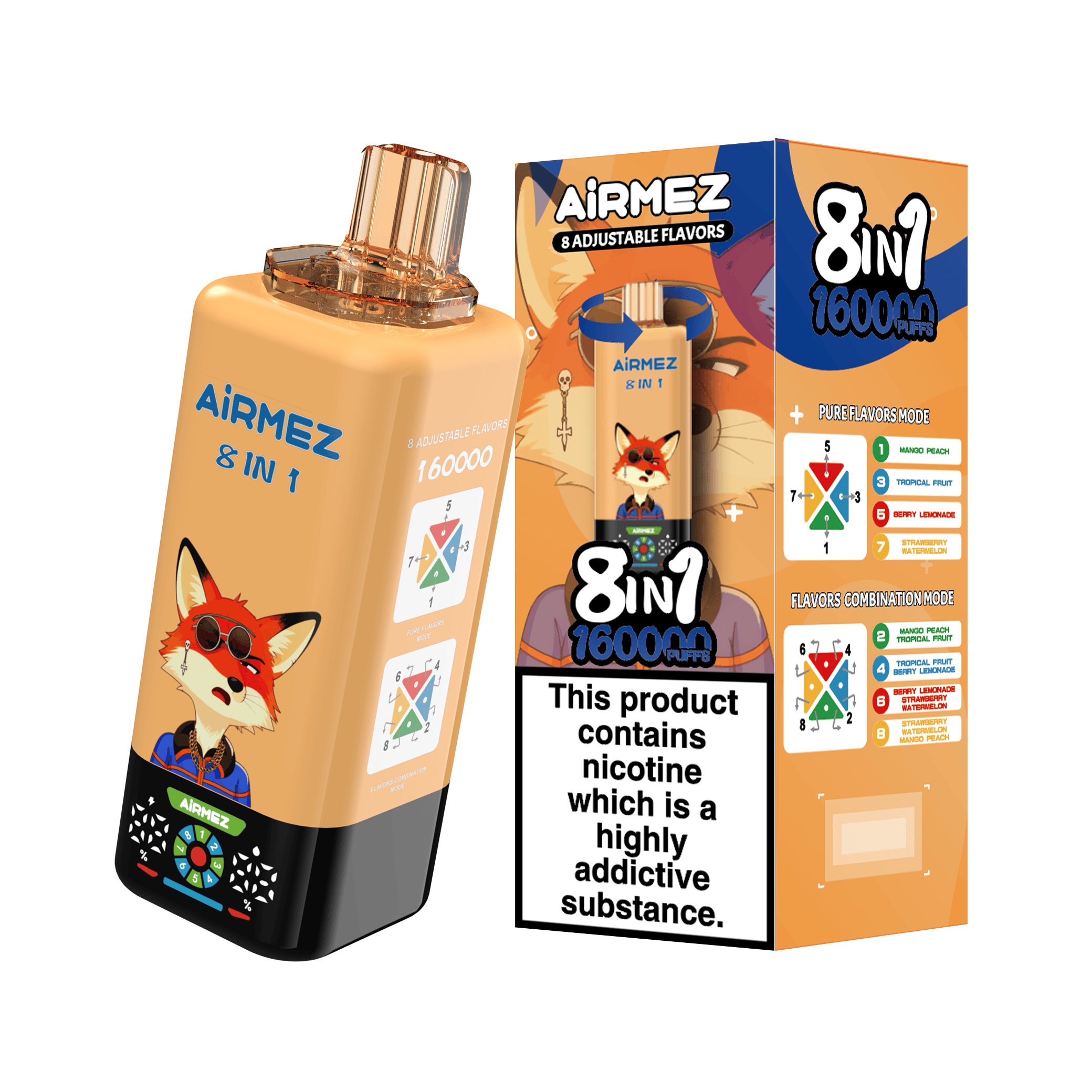 Airmez FOX 8 in 1 160K Mango Peach & Tropical Fruit & Berry Lemonade & Strawberry Watermelon – Bild 2
