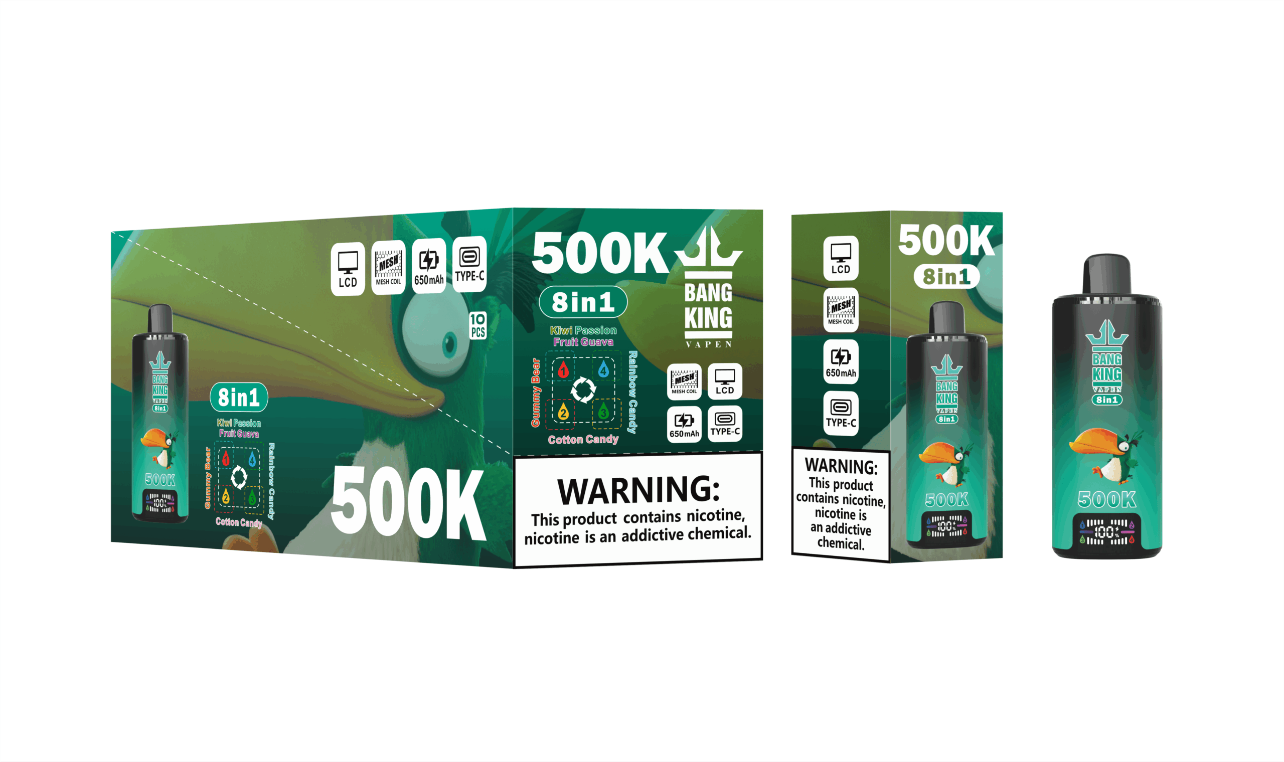 Bang King 8 in 1 500K Kiwi Passion Fruit Guava & Gummy Bear & Rainbow Candy & Cotton Candy – Image 2