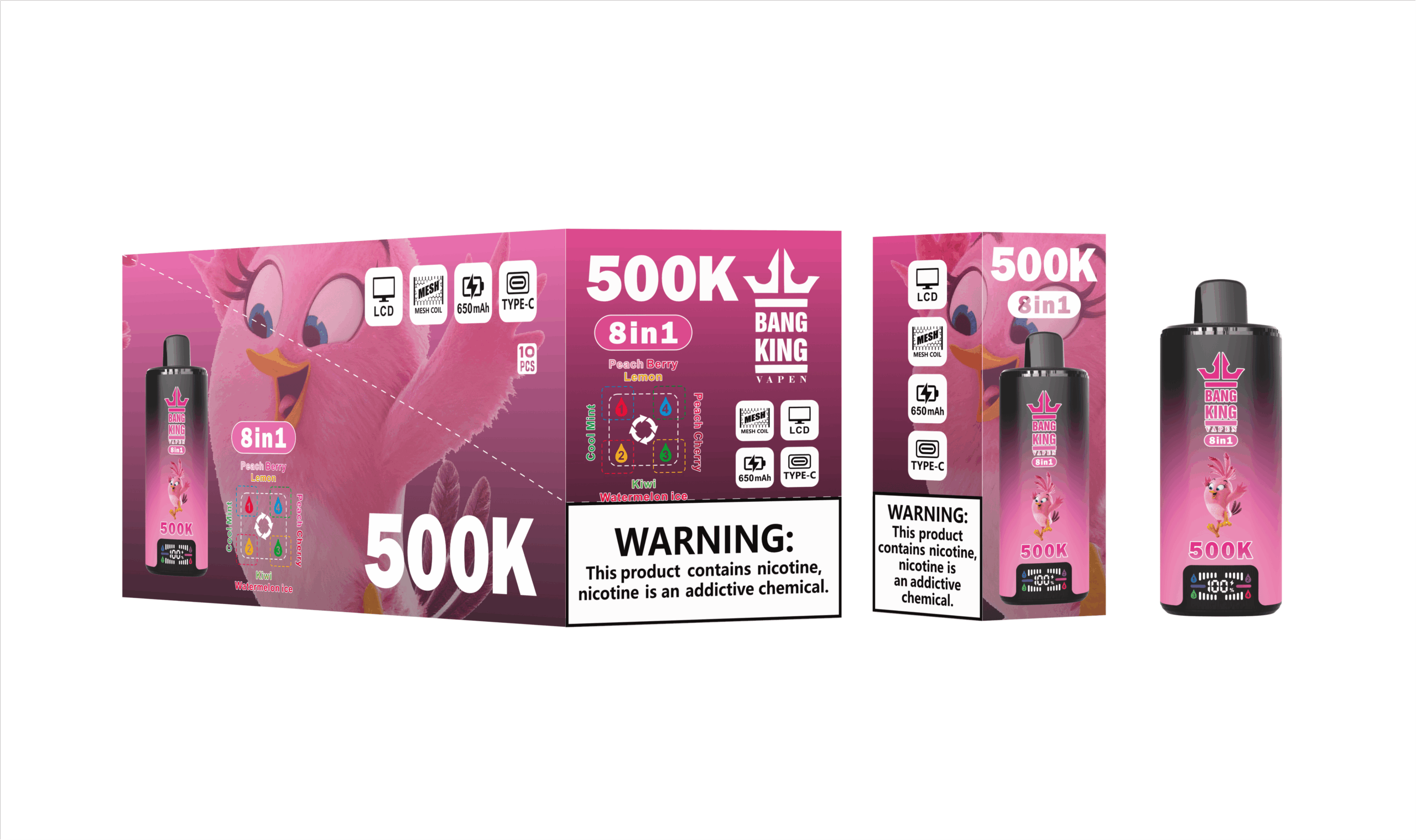 Bang King 8 in 1 500K Cool Mint & Peach Cherry & Peach Berry Lemon & Kiwi Watermelon Ice – Bild 2